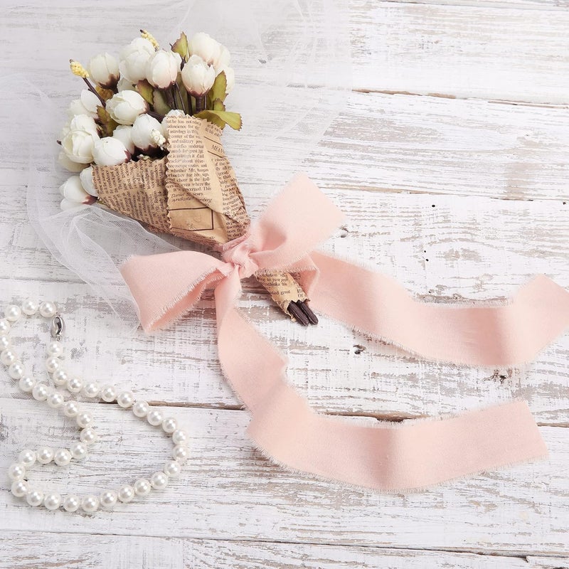 Keypan Dusty Pink Ribbon 1-1/2 x 15 Yards Handmade Cotton Frayed Fringe Fabric Ribbons for Crafts Flower Bouquets Wedding Baby Shower Home DIY Decor - Image 3